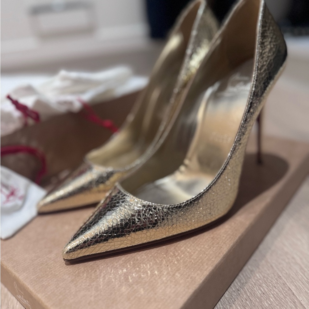 Christian Louboutin Gold Stiletto Heels with Pointed Toe